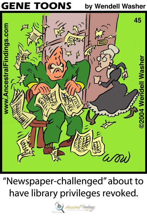 "Newspaper-challenged" about to have library privileges revoked." (Genetoons #45)