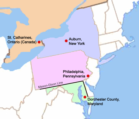 A map of four key locations in the life of Harriet Tubman