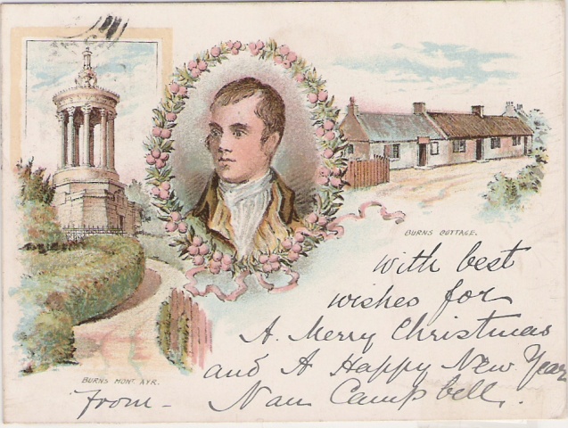 Example of a court card, postmarked 1899, showing Robert Burns and his cottage and monument in Ayr