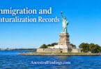 Statue of Liberty in New York Harbor with the title Immigration and Naturalization Records and AncestralFindings.com